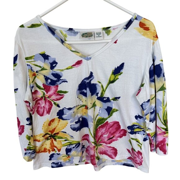 Vtg Womens Floral Print White V Neck 3/4 Sleeve Top Collections Etc Medium 90s - Picture 1 of 6